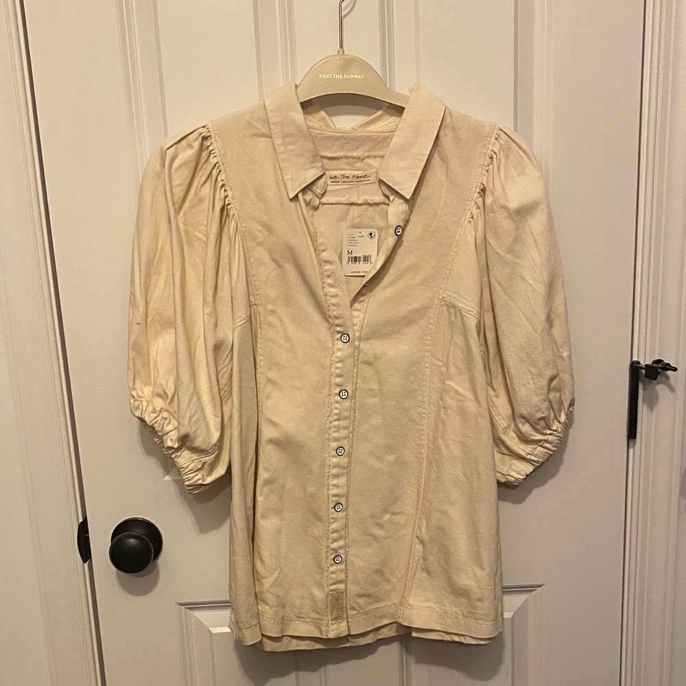 We The Free Cream Button Down Puff Sleeve Shirt